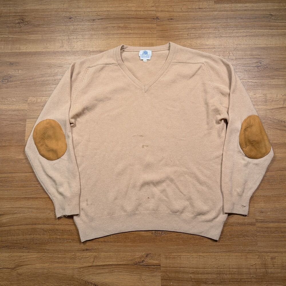 J Press 100% Wool V Neck Sweater Mens Sz M Beige Elbow Patch Made Ireland